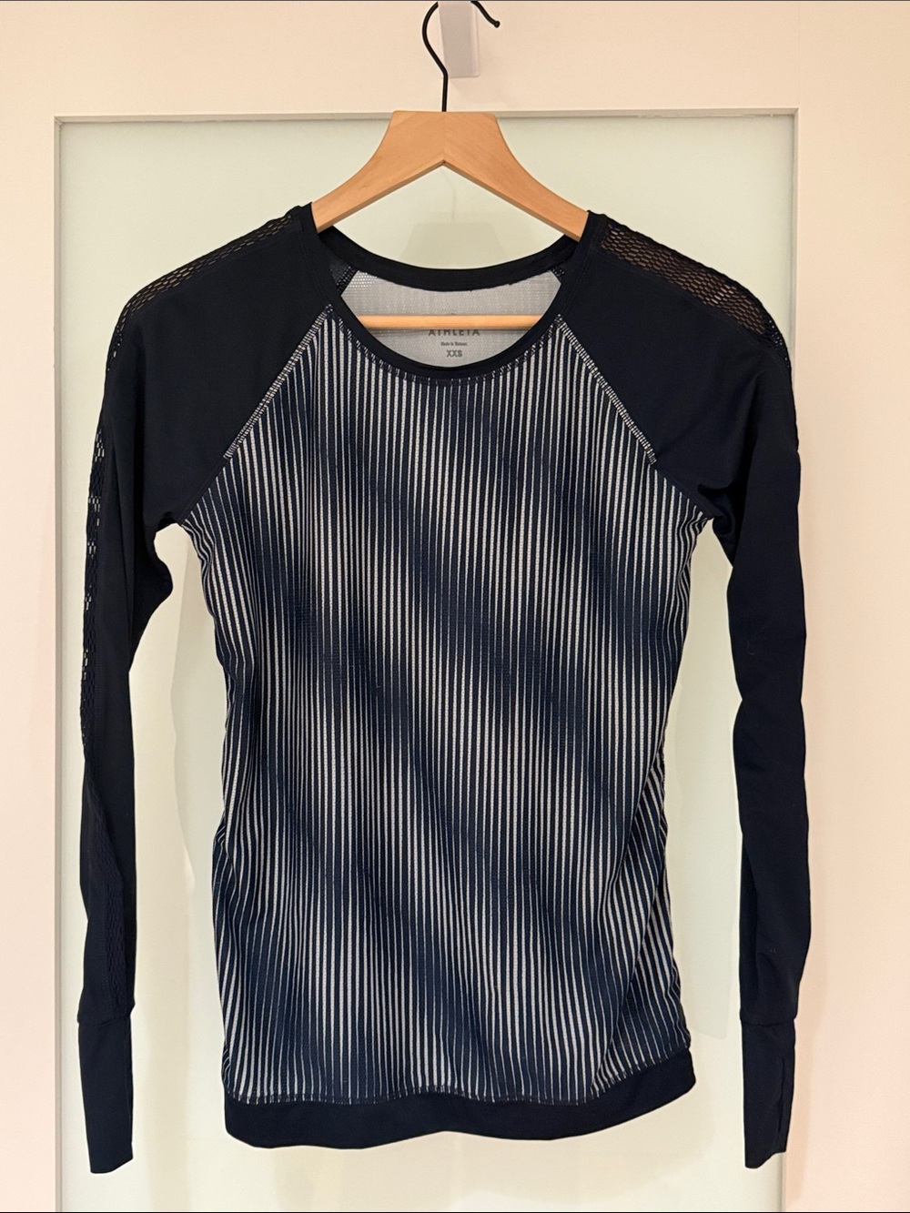 Athleta Navy and White Striped Long-Sleeve Performance Tee